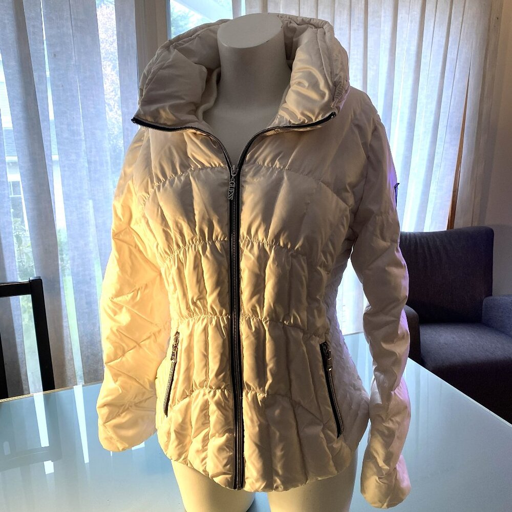 Guess White Fitted Puffer Coat with Black and Silver Zippers Size L Large Jacket